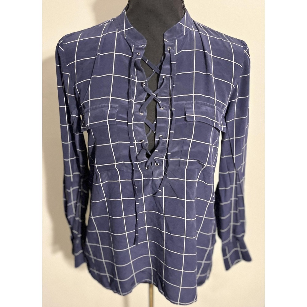 Madewell Shirt Womens XS Navy Windowpane Silk Lace-Up Long Sleeve Blouse Top - Picture 7 of 12